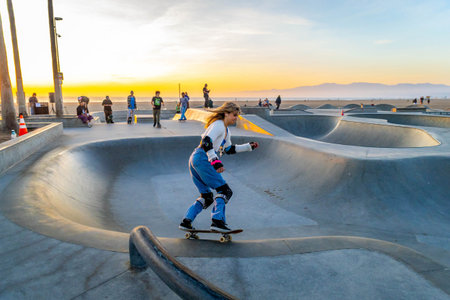 Los Angeles, CA, USA - December 01, 2025: Athletes and hobbyists gather at the iconic beachfront...