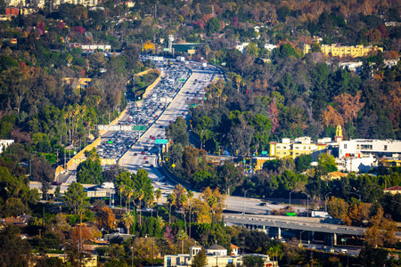 Aerial view shows heavy traffic moving along Highway 101 as it runs through Hollywood in Los Angeles...