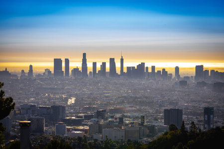 Los Angeles, CA, USA - December 02, 2025: Aerial view of Los Angeles city skyscrapers shows dramatic...