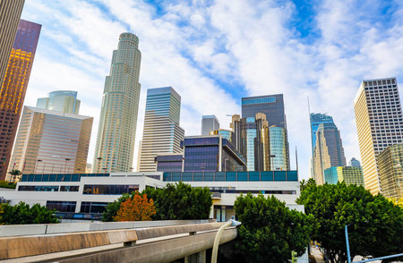 Panoramic view of Los Angeles business center skyscrapers on sunny day of the downtown skyline