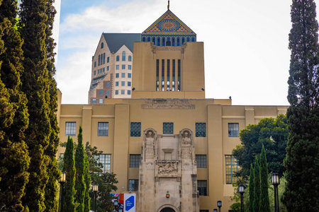 Los Angeles, CA, USA - December 03, 2025: Modern architectural facade of Los Angeles Central Library...