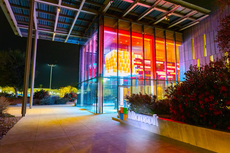 Mountain View, CA, USA - November 19, 2025: Illuminated Microsoft Visitor Center building glows at...
