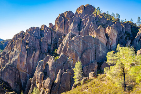 Aerial panoramic view of dramatic rock formations at Pinnacles National Park California on a sunny...