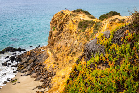 Overlook view of Pirate Cove Beach at Point Dume Preserve in California with coastal cliffs, blue...