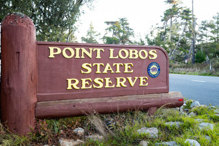Carmel-By-The-Sea, CA, USA - November 24, 2025: Close up view of Point Lobos State Reserve welcome...