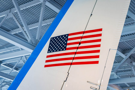 Simi Valley, CA, USA - November 29, 2025: Close up view of the United States flag displayed on the...