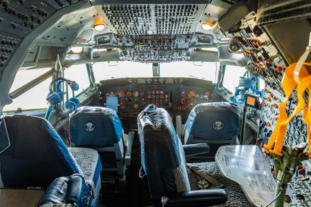 Simi Valley, CA, USA - November 29, 2025: Interior view of the Air Force One aircraft cockpit...