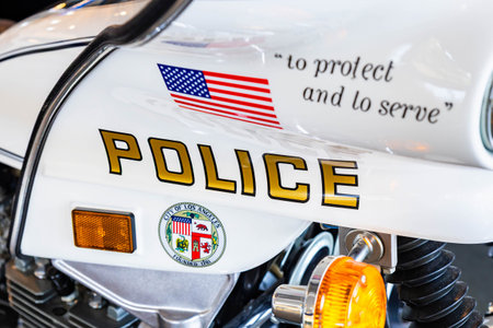 Simi Valley, CA, USA - November 29, 2025: Close up view of City of Los Angeles police car decal...