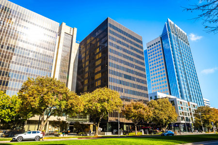 Sacramento, CA, USA - November 12, 2025: Modern downtown skyscrapers and commercial business...