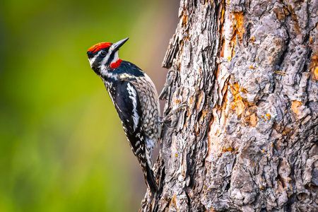 Close up portrait of a hairy woodpecker perched on a tree trunk with a soft green background