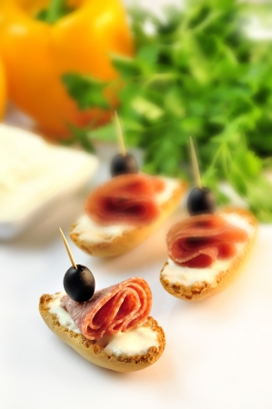 croutons with sliced   8203;  8203;salami cheese and olivesの写真素材