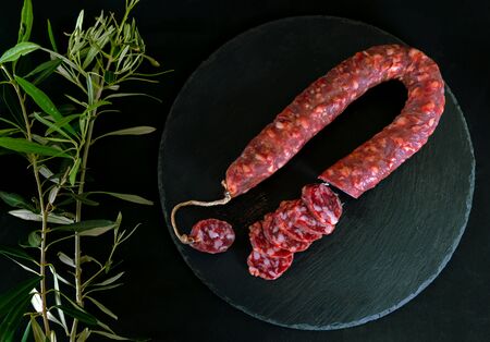 traditional italian sausages with olivesの写真素材
