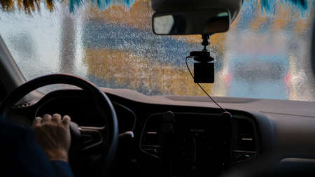 automatic car wash viewed from inside the car. Car sanitization conceptの写真素材