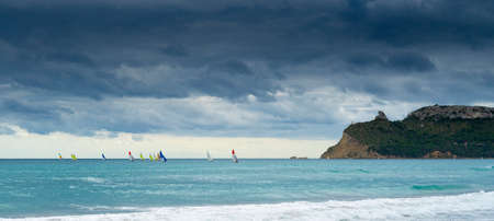 poetto beach with a view of the saddle of the devil.の写真素材