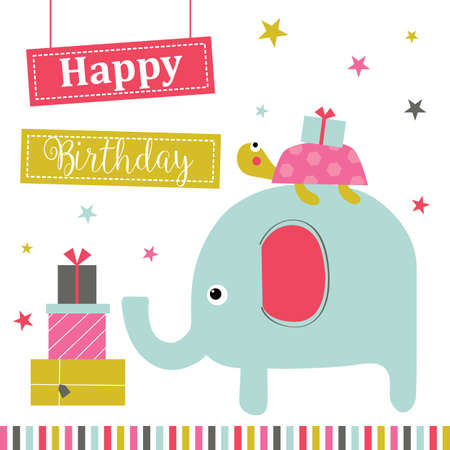 elephant and turtle birthday greeting card designのイラスト素材