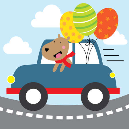 happy dog with blue car designのイラスト素材
