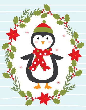 little penguin with poinsettia christmas wreath designのイラスト素材