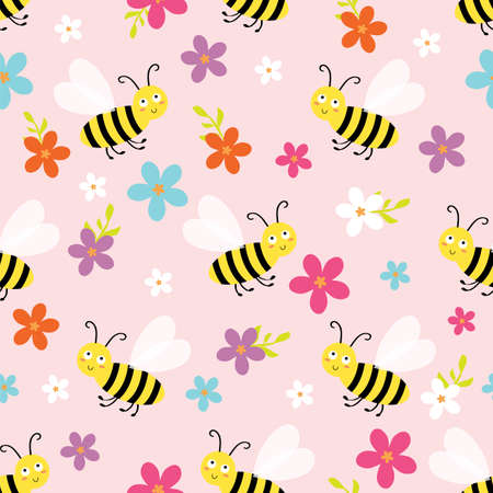cute bee seamless pattern design on pink color backgroundのイラスト素材