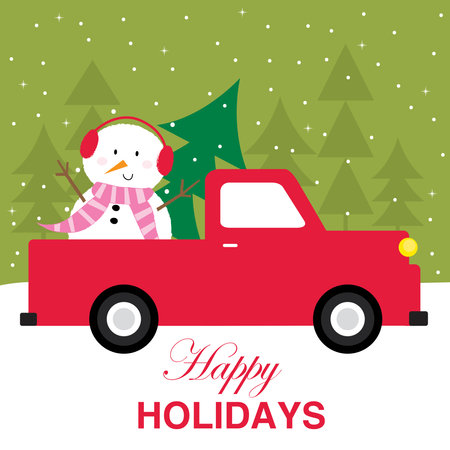 snowman and red truck greeting card designのイラスト素材