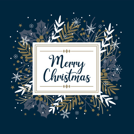merry christmas wreath design on blue color backgroundのイラスト素材