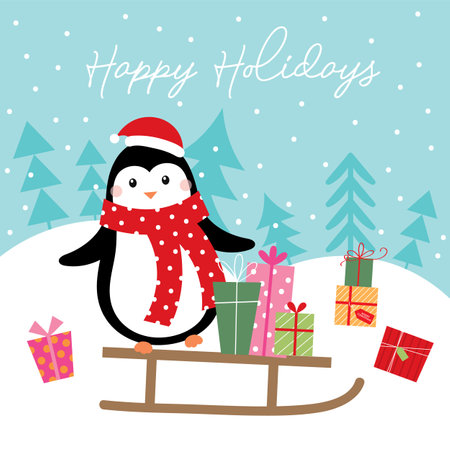 penguin with christmas sleigh greeting card designのイラスト素材