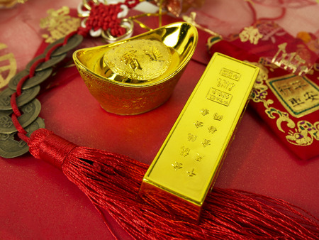 Chinese new year festival decoration, gold ingotsの写真素材