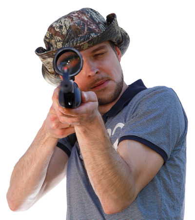 Big eye of aiming shooter in telescopic scope