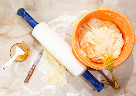 Baking background with raw eggs, sugar and flour