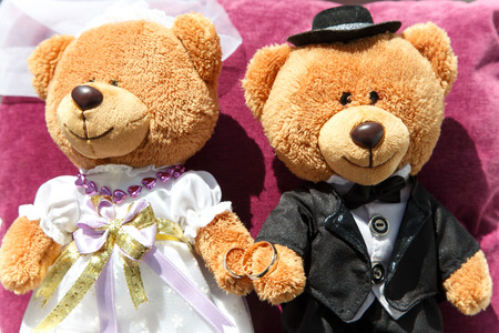 Wedding decor with two teddy bears: groom and wifeの写真素材