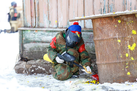 Saint-Petersburg, Russia - February 21, 2016: Big annual paintball scenario game 'Day M' in Snaker clubのeditorial素材
