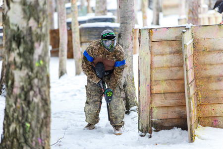 Saint-Petersburg, Russia - February 21, 2016: Big annual paintball scenario game 'Day M' in Snaker clubのeditorial素材