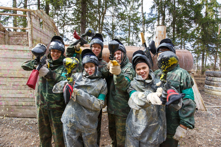 Saint-Petersburg, Russia - April 10, 2016: Paintball student tournament of Bonch Bruevich university in Snaker club. Group photo.のeditorial素材