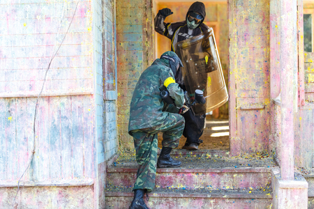 Saint-Petersburg, Russia - April 10, 2016: Paintball student tournament of Bonch Bruevich university in Snaker club. Game process.のeditorial素材