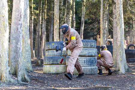 Saint-Petersburg, Russia - April 10, 2016: Paintball student tournament of Bonch Bruevich university in Snaker club. Game process.のeditorial素材