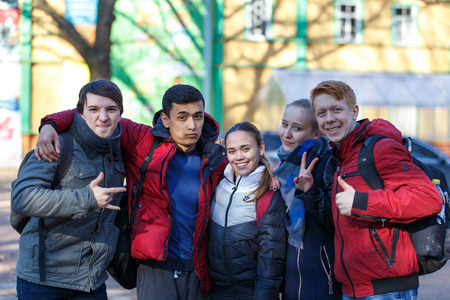 Saint-Petersburg, Russia - April 10, 2016: Paintball student tournament of Bonch Bruevich university in Snaker club. Group photoのeditorial素材