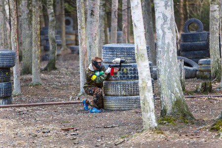 Saint-Petersburg, Russia - April 24, 2016: Paintball tournament in Snaker club between student teams from five universities.のeditorial素材