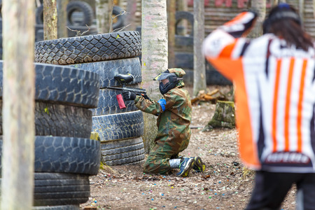 Saint-Petersburg, Russia - April 24, 2016: Paintball tournament in Snaker club between student teams from five universities.のeditorial素材