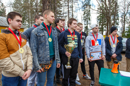 Saint-Petersburg, Russia - April 24, 2016: Paintball tournament in Snaker club between student teams from five universities.のeditorial素材