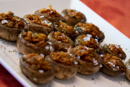 A plate with stuffed mushroomsの写真素材