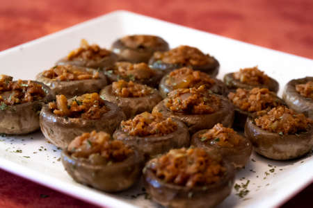 A plate with stuffed mushroomsの写真素材