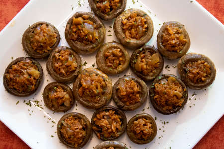 A plate with stuffed mushroomsの写真素材