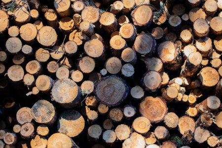 Stacked trees in forest after cutの写真素材