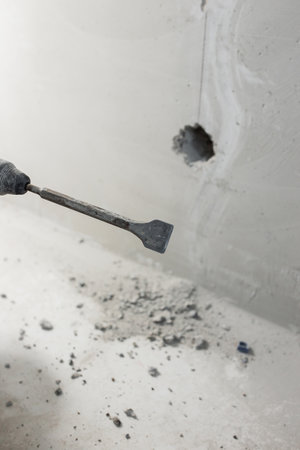 Master electrician lays a cable in a concrete wall and mounts an electrical outlet - a professional...