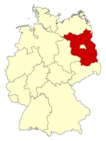 Yellow map of Germany with federal state Brandenburg isolated in red. Vector EPS 10のイラスト素材