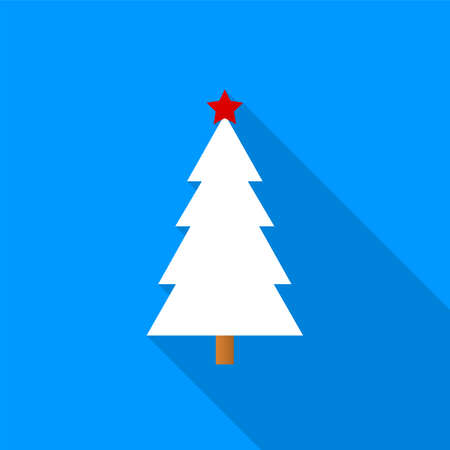 Flat white Christmas tree with a red star icon with a long shadow on a blue background. EPS10 vector fileのイラスト素材