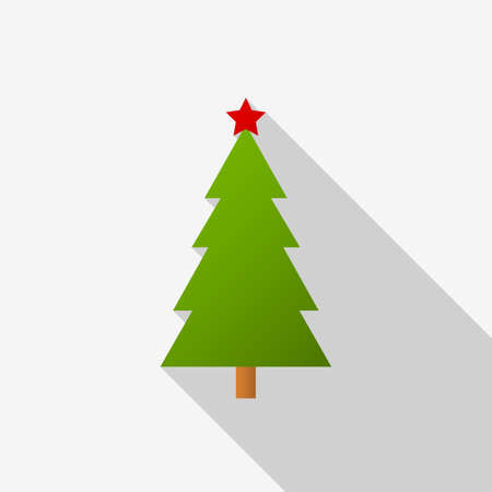 Flat green Christmas tree  a red star icon  a long shadow on a white background.  vector fileのイラスト素材