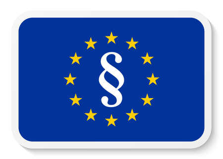 Rectangular sticker icon with the EU flag and a paragraph mark, law symbol isolated on a white background. EPS10 vector fileのイラスト素材