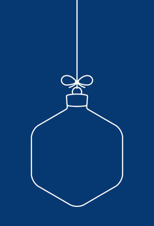 Abstract simple Christmas ball line icon hanging on a string with a bow on a blue background.のイラスト素材
