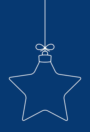 Abstract simple Christmas ball line icon hanging on a string with a bow on a blue background.のイラスト素材