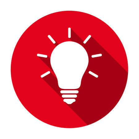 Red flat round glowing light bulb icon, button with long shadow isolated on a white background. Vector illustration.のイラスト素材
